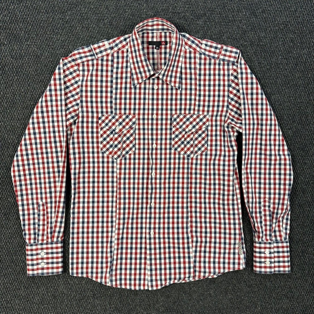 Vintage 4 YOU Gingham Check Button Down Shirt Mens M Red White Blue Epaulets